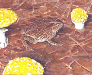 fly agaric painting, with a toad